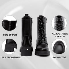 Bootara Chunky Platform Combat Boots - Lace-Up Mid Calf Boots with Side Zipper & Elastic Gore (US 4-10.5)