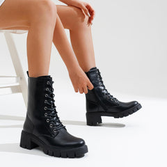 Bootara Chunky Platform Combat Boots - Lace-Up Mid Calf Boots with Side Zipper & Elastic Gore (US 4-10.5)