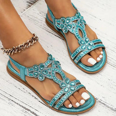 Bootara Women's Vesper Woven Bohemian Rhinestone Flat Sandals – Artisan Round-Toe Summer Sandals (US 4–10.5)