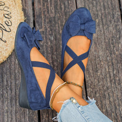 Bootara Women’s Elara Bow Suede Wedge Loafers – Elastic Cross-Strap Comfort Slip-Ons (US 5–10.5)