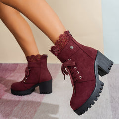Bootara Women's Lace & Suede Heeled Boots - Chunky Heel Round Toe Vintage Ankle Boots (US 5-10.5)