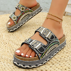 Bootara Women’s Calyra Rhinestone Platform Slide Sandals – Boho Metallic Buckle Rope Detail Resort Slides (US 5–10.5)