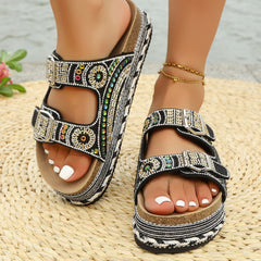 Bootara Women’s Calyra Rhinestone Platform Slide Sandals – Boho Metallic Buckle Rope Detail Resort Slides (US 5–10.5)