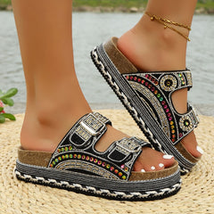 Bootara Women’s Calyra Rhinestone Platform Slide Sandals – Boho Metallic Buckle Rope Detail Resort Slides (US 5–10.5)