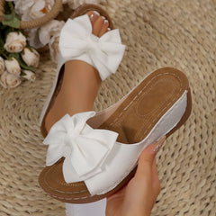 Bootara Women’s Liora Bow Flower Platform Wedge Slide Sandals – Peep-Toe Wide Strap Summer Slides (US 5–10.5)