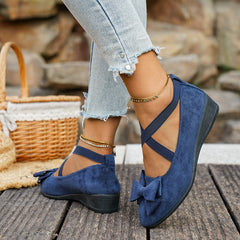 Bootara Women’s Elara Bow Suede Wedge Loafers – Elastic Cross-Strap Comfort Slip-Ons (US 5–10.5)