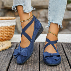 Bootara Women’s Elara Bow Suede Wedge Loafers – Elastic Cross-Strap Comfort Slip-Ons (US 5–10.5)