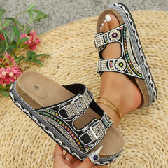 Bootara Women’s Calyra Rhinestone Platform Slide Sandals – Boho Metallic Buckle Rope Detail Resort Slides (US 5–10.5)