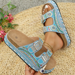 Bootara Women’s Calyra Rhinestone Platform Slide Sandals – Boho Metallic Buckle Rope Detail Resort Slides (US 5–10.5)