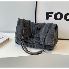 Bootara Women's Vintage Denim Tote Bag with Chain Strap – Structured Large-Capacity Crossbody & Shoulder Bag