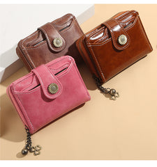 Bootara Women's Compact Waxed Leather Wallet – Zip Closure Organizer (Coin Purse, ID Slot & Card Holder)