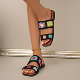 Bootara Women’s SunBloom Knit Flat Slides – Square-Toe Boho Embroidered Sandals (US 5–10)