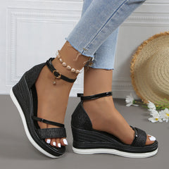 Bootara Women's Plus Size Rhinestone Platform Sandals – Peep-Toe Wedge Heel with Adjustable Ankle Strap, Chunky Beach Wedding Shoes