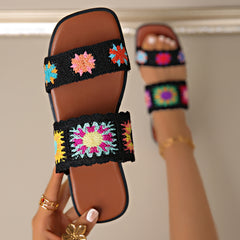 Bootara Women’s SunBloom Knit Flat Slides – Square-Toe Boho Embroidered Sandals (US 5–10)