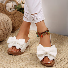 Bootara Women’s Liora Bow Flower Platform Wedge Slide Sandals – Peep-Toe Wide Strap Summer Slides (US 5–10.5)