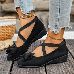 Bootara Women’s Elara Bow Suede Wedge Loafers – Elastic Cross-Strap Comfort Slip-Ons (US 5–10.5)