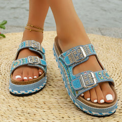 Bootara Women’s Calyra Rhinestone Platform Slide Sandals – Boho Metallic Buckle Rope Detail Resort Slides (US 5–10.5)