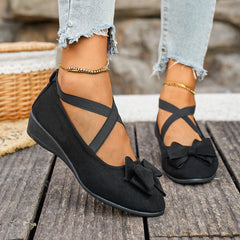 Bootara Women’s Elara Bow Suede Wedge Loafers – Elastic Cross-Strap Comfort Slip-Ons (US 5–10.5)