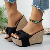 Bootara Women's Celeste Bow Peep-Toe Wedge Slide Sandals – Elegant Roman Summer Slides (US 4–10.5)