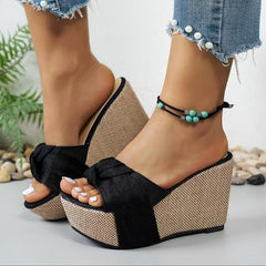 Bootara Women's Celeste Bow Peep-Toe Wedge Slide Sandals – Elegant Roman Summer Slides (US 4–10.5)