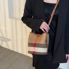 Bootara Women’s Regent Plaid Bucket Satchel — Heritage Check Full-Grain Leather Convertible with Detachable Pouch & Effortless Transition Carry