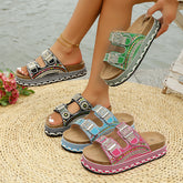 Bootara Women’s Calyra Rhinestone Platform Slide Sandals – Boho Metallic Buckle Rope Detail Resort Slides (US 5–10.5)