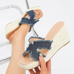 Bootara Women's Maren Frayed Denim Espadrille Wedge Slide Sandals – Coastal Platform Summer Shoes (US 4–10.5)