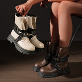 Bootara Women's Faye Adjustable Buckle Moto Boots – Round-Toe Chunky Lug Sole Boots (US 5–10.5)