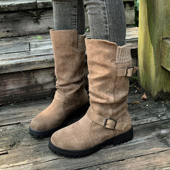 Bootara Women’s RanchWrap Buckle Mid-Calf Suede Boots – Knit Cuff Western-Style Slouchy Shoes (US 5–10.5)