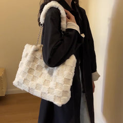 Bootara Women's Large-Capacity Plush Handbag | Trendy Quilted Chain Shoulder Bag with Patchwork Design