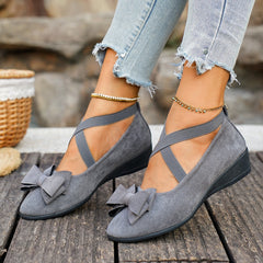 Bootara Women’s Elara Bow Suede Wedge Loafers – Elastic Cross-Strap Comfort Slip-Ons (US 5–10.5)
