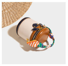 Bootara Women's Retro Color-Block Barrel Bag – Mini Cylinder Cosmetic Case with Detachable Silk Scarf & Chain Strap