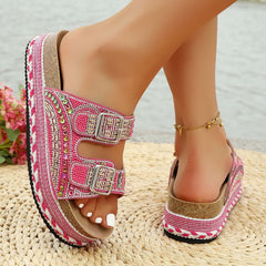 Bootara Women’s Calyra Rhinestone Platform Slide Sandals – Boho Metallic Buckle Rope Detail Resort Slides (US 5–10.5)