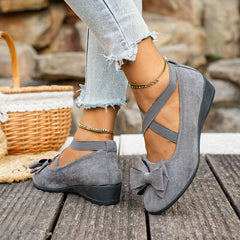 Bootara Women’s Elara Bow Suede Wedge Loafers – Elastic Cross-Strap Comfort Slip-Ons (US 5–10.5)