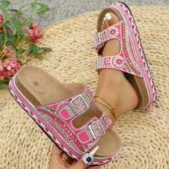 Bootara Women’s Calyra Rhinestone Platform Slide Sandals – Boho Metallic Buckle Rope Detail Resort Slides (US 5–10.5)