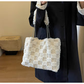 Bootara Women's Large-Capacity Plush Handbag | Trendy Quilted Chain Shoulder Bag with Patchwork Design