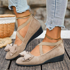 Bootara Women’s Elara Bow Suede Wedge Loafers – Elastic Cross-Strap Comfort Slip-Ons (US 5–10.5)