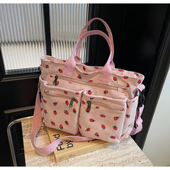 Bootara Women's Corduroy Cherry Print Tote Bag – Versatile Women's Strawberry Shoulder & Crossbody Large Capacity Mommy Bag