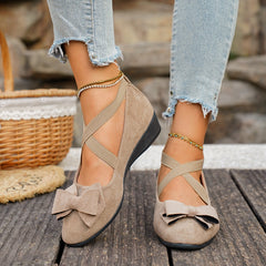 Bootara Women’s Elara Bow Suede Wedge Loafers – Elastic Cross-Strap Comfort Slip-Ons (US 5–10.5)
