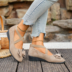 Bootara Women’s Elara Bow Suede Wedge Loafers – Elastic Cross-Strap Comfort Slip-Ons (US 5–10.5)