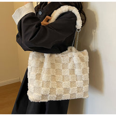 Bootara Women's Large-Capacity Plush Handbag | Trendy Quilted Chain Shoulder Bag with Patchwork Design
