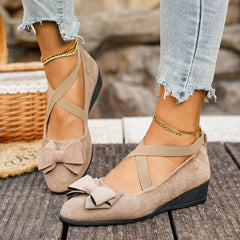 Bootara Women’s Elara Bow Suede Wedge Loafers – Elastic Cross-Strap Comfort Slip-Ons (US 5–10.5)