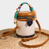 Bootara Women's Retro Color-Block Barrel Bag – Mini Cylinder Cosmetic Case with Detachable Silk Scarf & Chain Strap