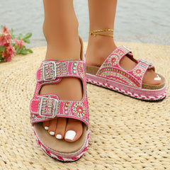 Bootara Women’s Calyra Rhinestone Platform Slide Sandals – Boho Metallic Buckle Rope Detail Resort Slides (US 5–10.5)