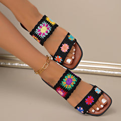 Bootara Women’s SunBloom Knit Flat Slides – Square-Toe Boho Embroidered Sandals (US 5–10)