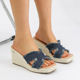 Bootara Women's Maren Frayed Denim Espadrille Wedge Slide Sandals – Coastal Platform Summer Shoes (US 4–10.5)