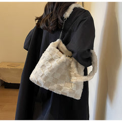 Bootara Women's Large-Capacity Plush Handbag | Trendy Quilted Chain Shoulder Bag with Patchwork Design