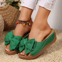 Bootara Women’s Liora Bow Flower Platform Wedge Slide Sandals – Peep-Toe Wide Strap Summer Slides (US 5–10.5)