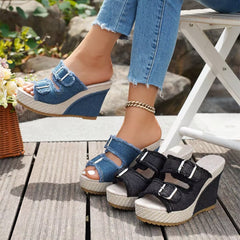 Bootara Women’s Denira Denim Peep-Toe Wedge Slide Sandals – Buckle Strap Platform Chic Summer Slides (US 5–10.5)