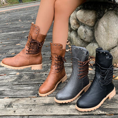 Bootara Women's Rivet Roma Boots - Side Lace Chunky Heel Mid Calf Boots (US 4-10.5)